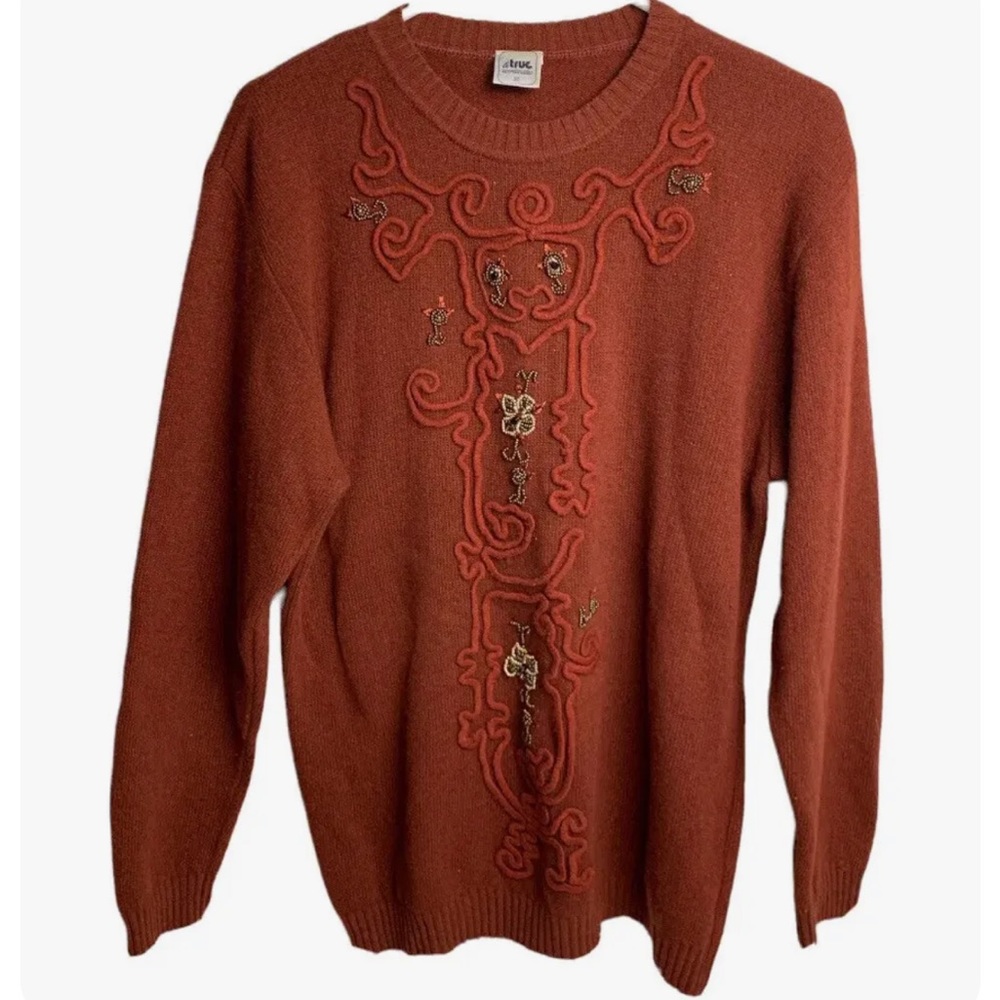 Vintage Women Sweater Large Brown Tight Knit Embroidered Le Truc Coordinates